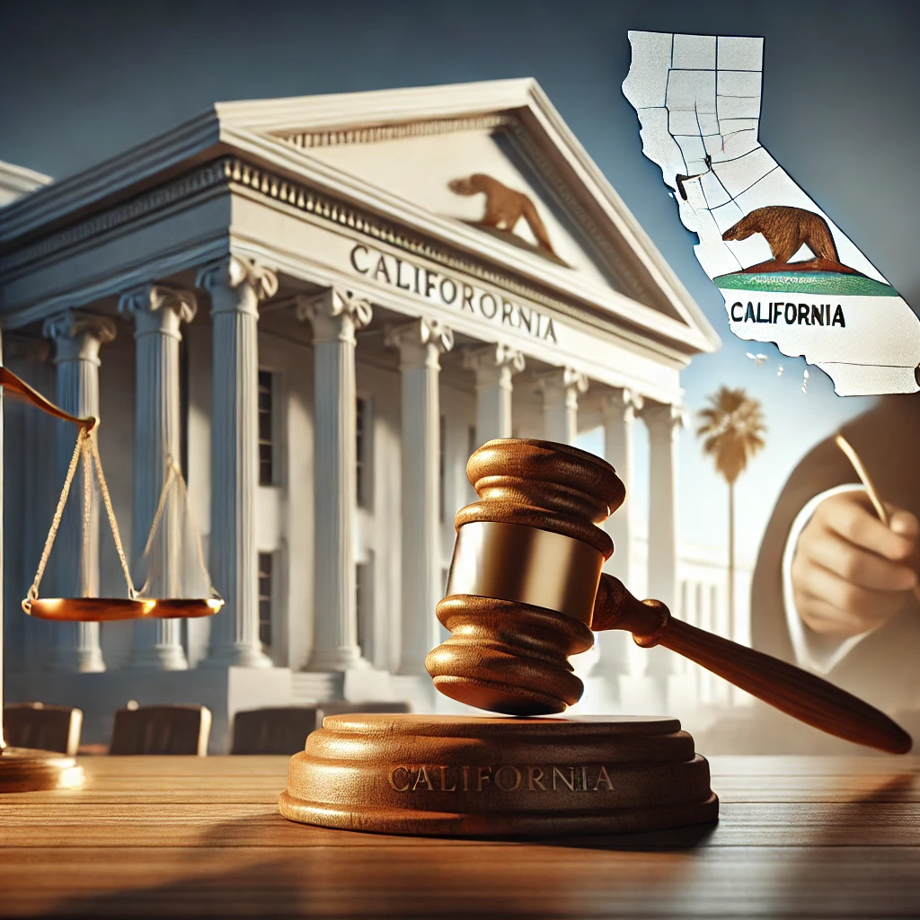 A symbolic representation of California’s justice system—depicting a courthouse and gavel, emphasizing fairness and judicial discretion.